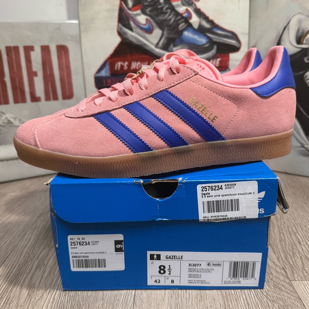 New Adidas Originals Gazelle Semi Pink Spark Lucid Blue Casual Shoes Sneaker - Picture 4 of 13
